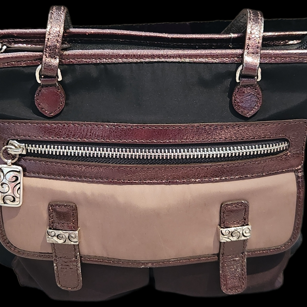Brighton Nylon & Leather Bag Purse Black Brown Tan Pockets